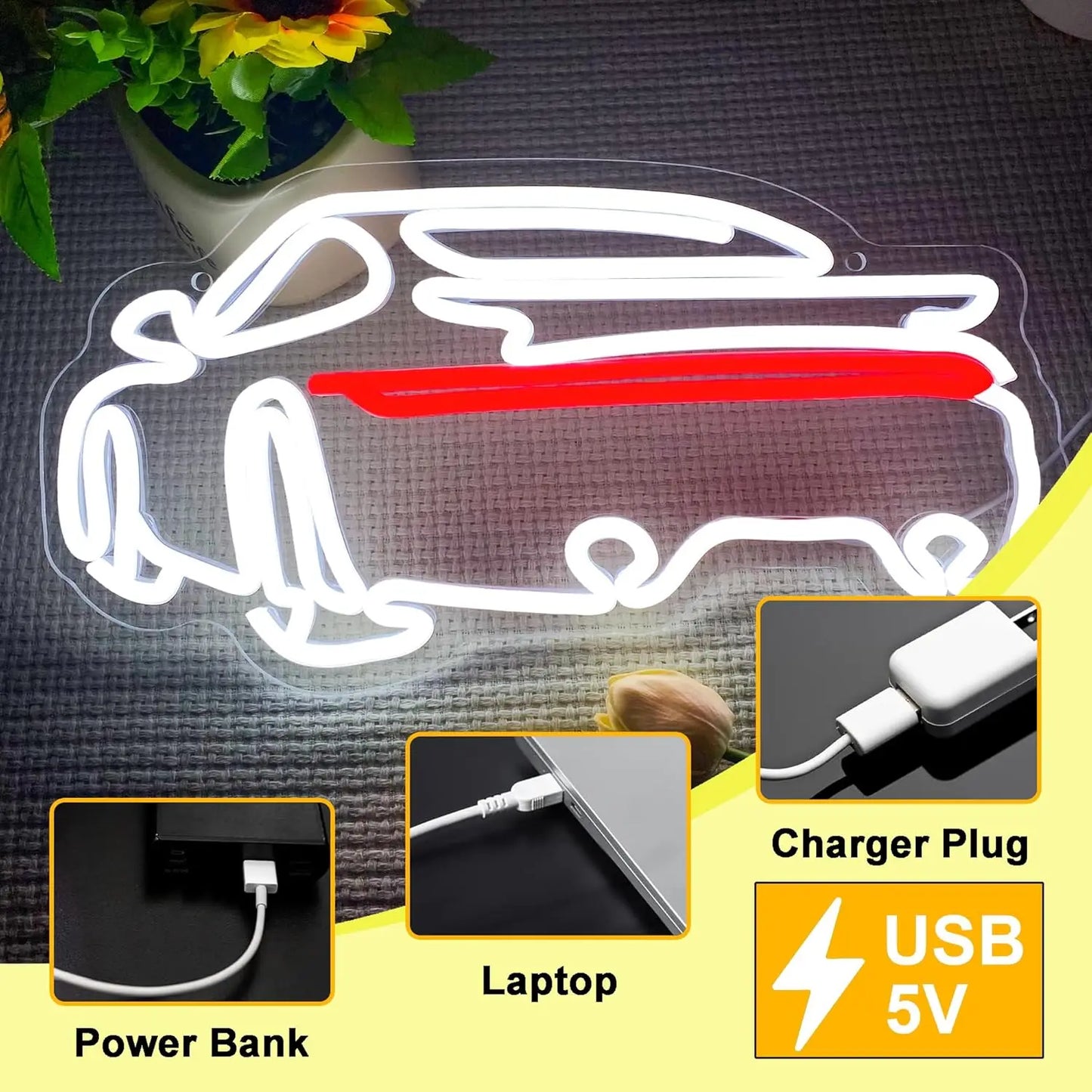 Enseigne lumineuse néon LED à intensité variable, alimentée par USB, en forme de voiture de sport. Décoration murale idéale pour une chambre, un garage, une fête, un anniversaire ou un pub. Cadeau fait main.
