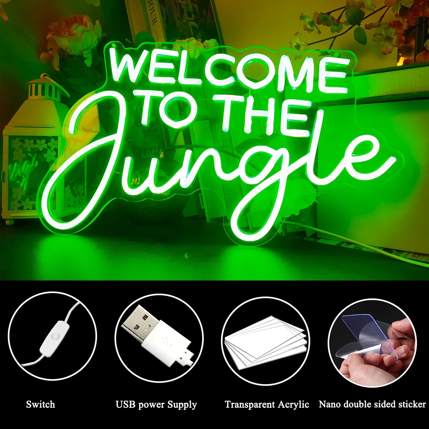 Neon LED “Welcome to the Jungle” – Letreiro Luminoso Verde USB