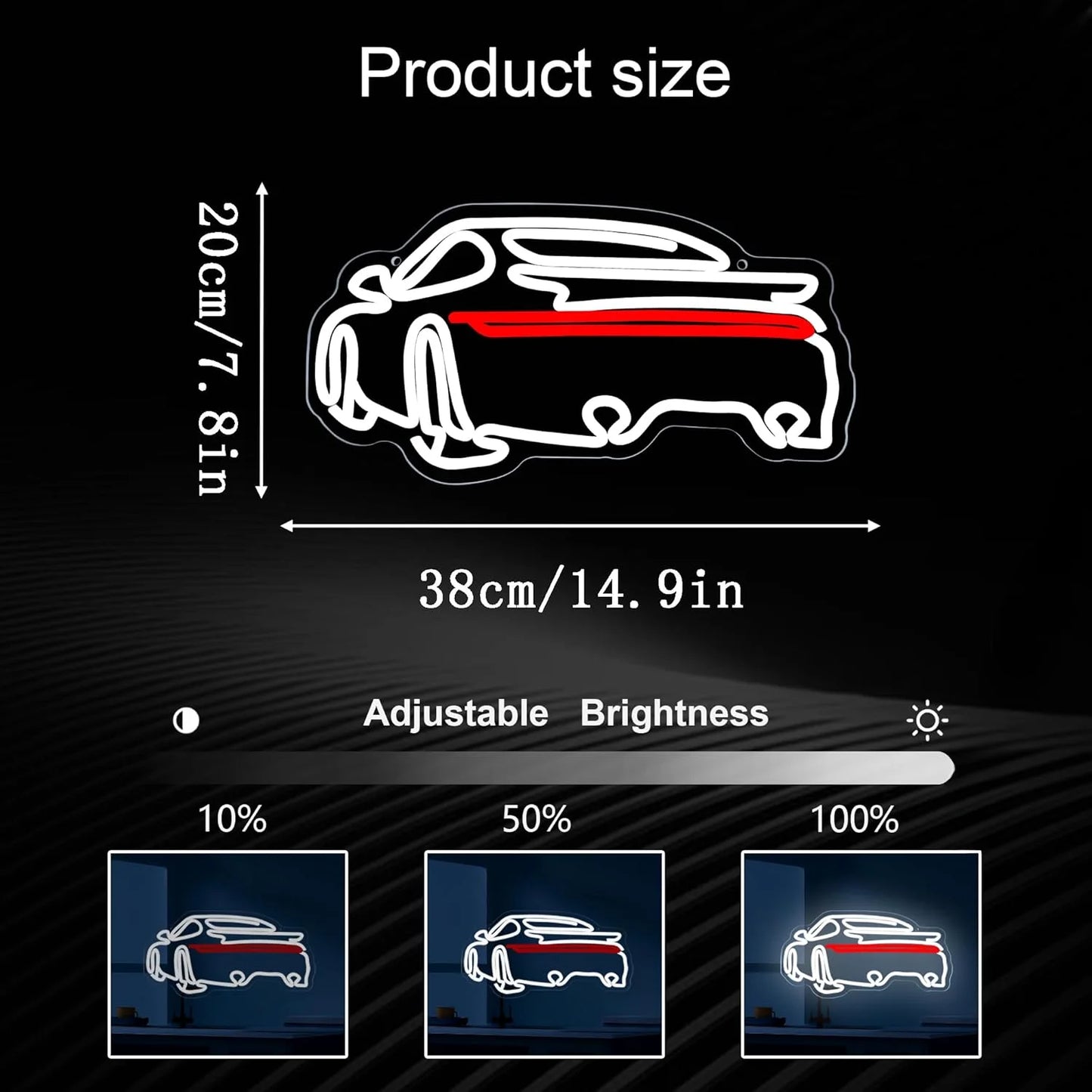 Enseigne lumineuse néon LED à intensité variable, alimentée par USB, en forme de voiture de sport. Décoration murale idéale pour une chambre, un garage, une fête, un anniversaire ou un pub. Cadeau fait main.